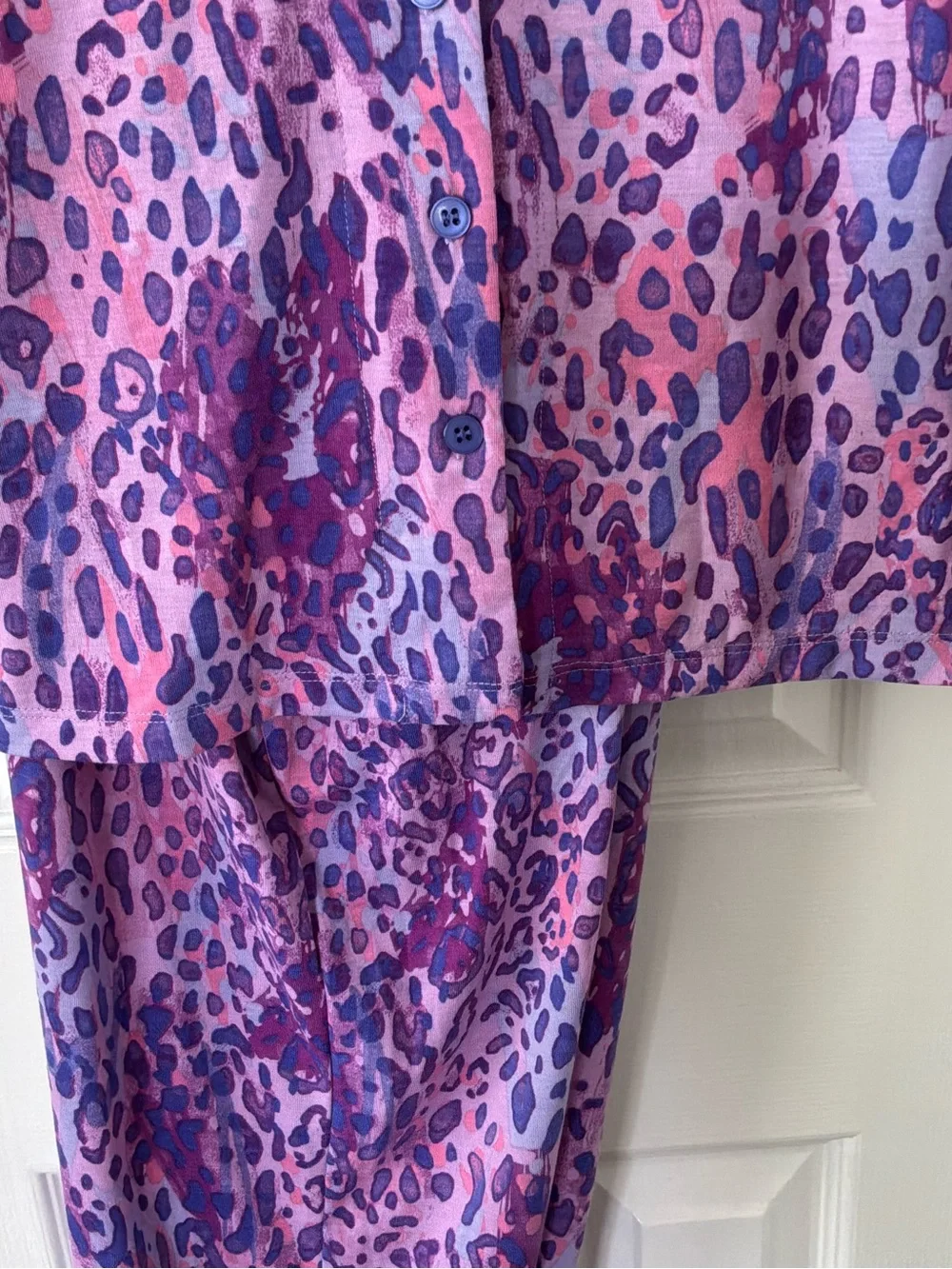 Women’s Rhonda Shear Purple/Blue Leopard Print Pajama Set Top and Pants Size M